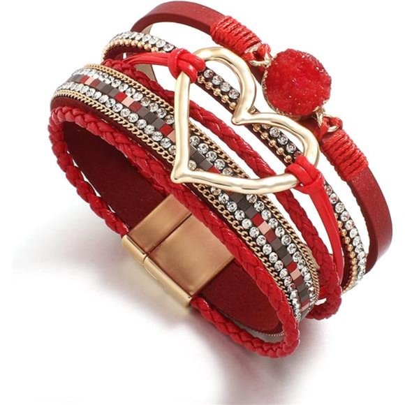 Crystal Heart Beaded Leather Wrap Bracelet for Women - Picture 5 of 6